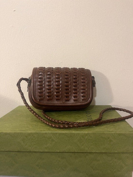 Vintage Handbags - Woven Leather dark brown crossbody mini bag